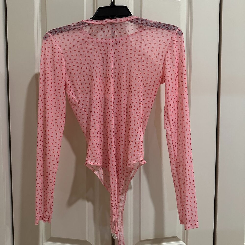 Missguided Pink Red Heart Mesh Sheer Long Sleeve Bodysuit - Size 6 NEW